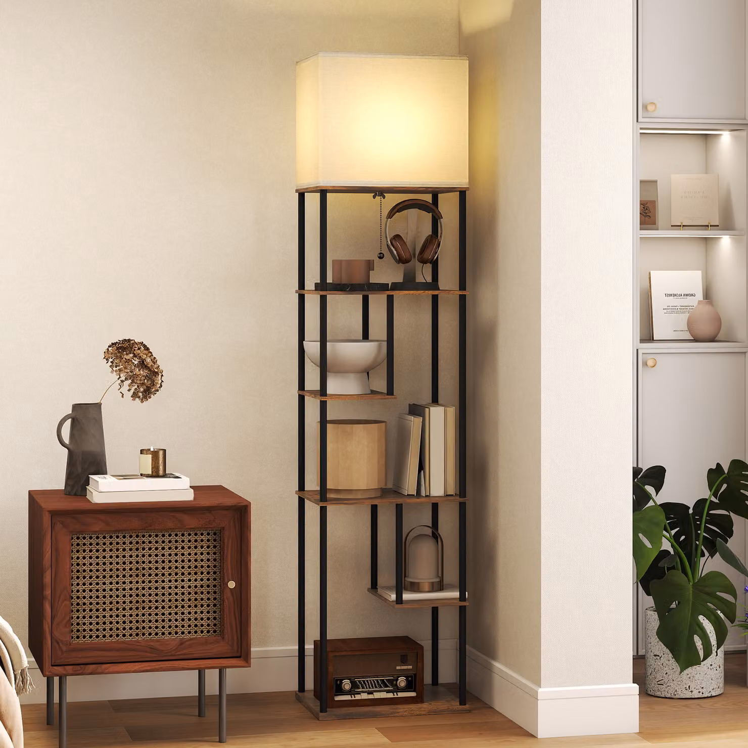 Lampada da terra HOMCOM con ripiani e telecomando dimmerabile, marrone rustico, L 40 cm x P 29 cm x H 171 cm – 2