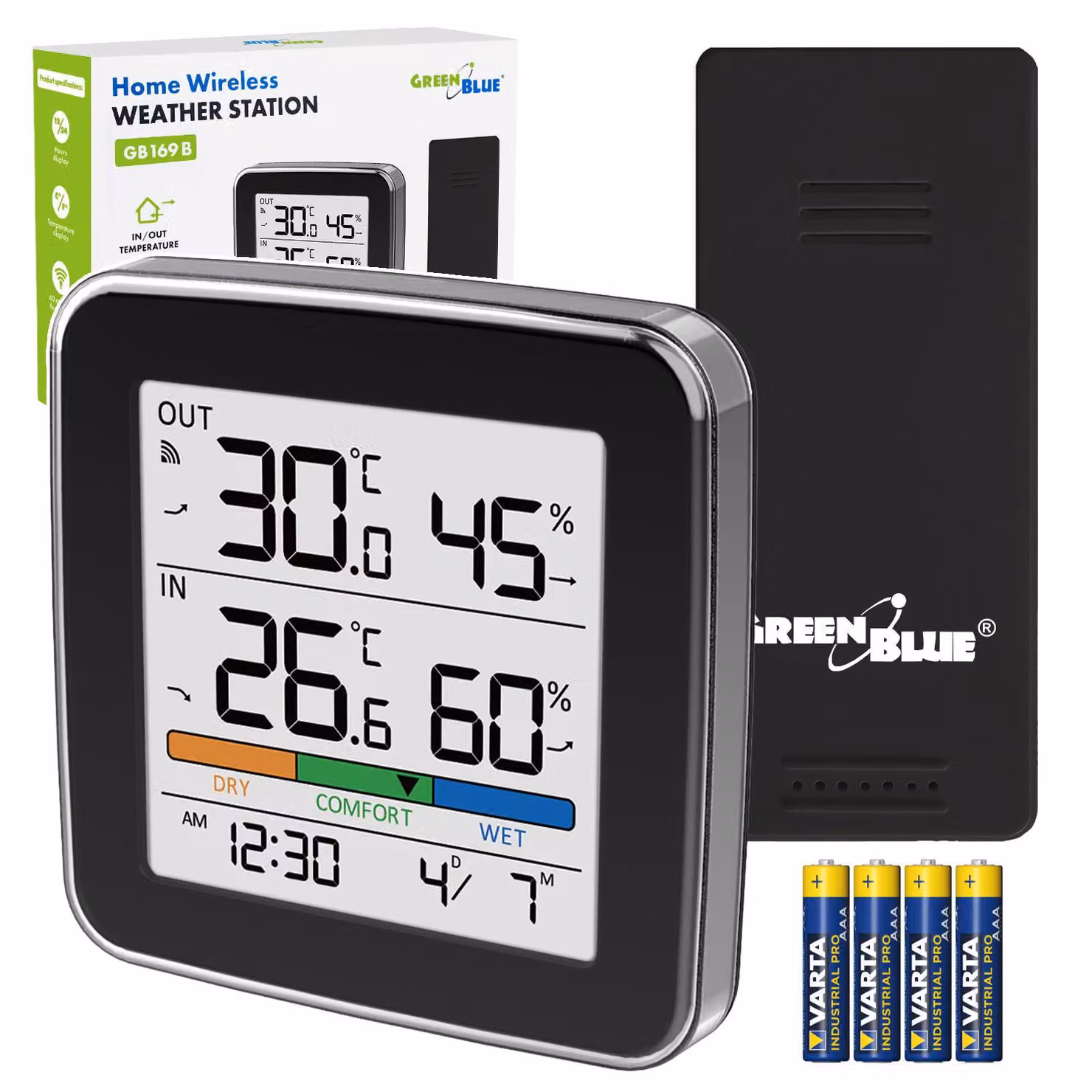 Stazione meteorologica Funk, temperatura e umidità (interna/esterna), orologio, sveglia e data, °C / °F, portata fino a 60 metri, colore nero, modello GB169 B + 4 batterie Varta Industrial