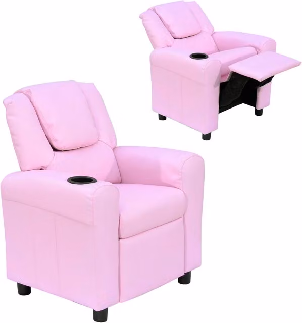 Poltrona relax reclinabile per bambini Xylo con poggiapiedi, colore rosa, struttura in legno e tessuto