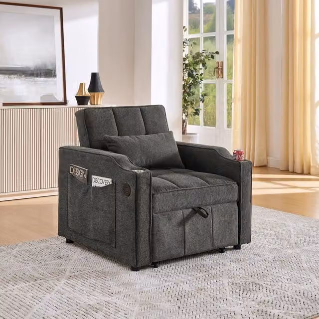 Poltrona letto 3 in 1 con schienale regolabile; USB/USB-C e portabicchieri grigio scuro HOMVRA