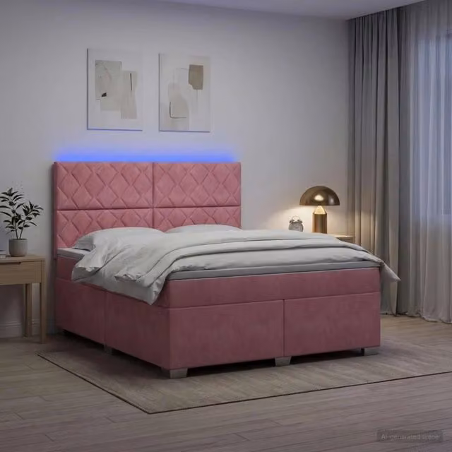Letto box spring con materasso vidaXL in velluto rosa e bianco con base a sollevamento, illuminazione sottostante e porta USB, L/P: 160 x 200 cm – 1