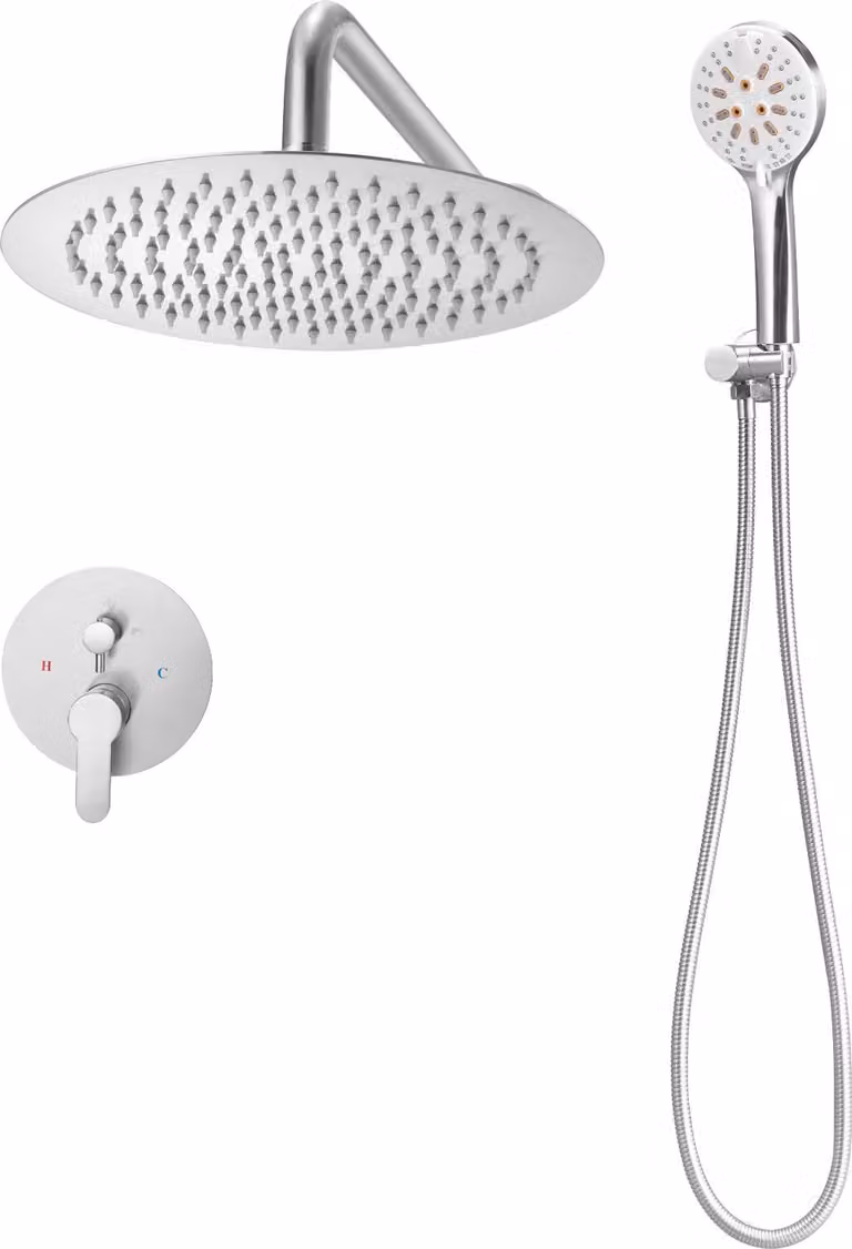 SucceBuy miscelatore doccia a pioggia per il bagno con soffione rotondo da 254 mm e doccetta, set doccia a parete con valvola e finiture in ottone, nichel spazzolato