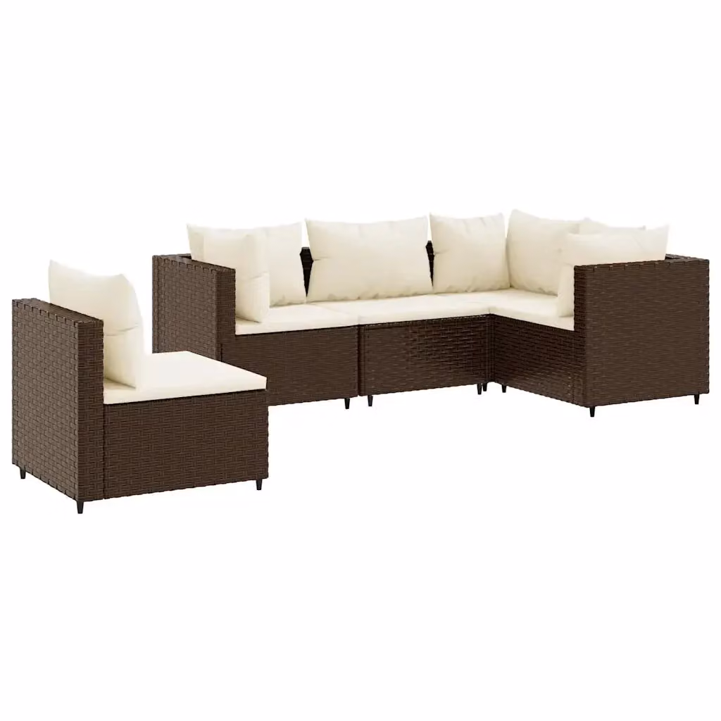 vidaXL Set Divani da Giardino 5 pz a Forma a L con Cuscini Marrone e Bianco in Polyrattan e Metallo – 2