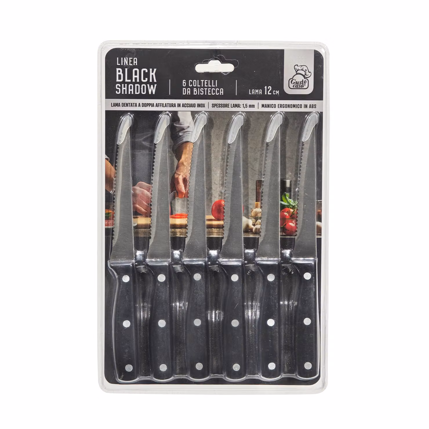 Set di 6 coltelli da bistecca Gusto Casa Linea Black Shadow in acciaio inox con fodero, colore nero