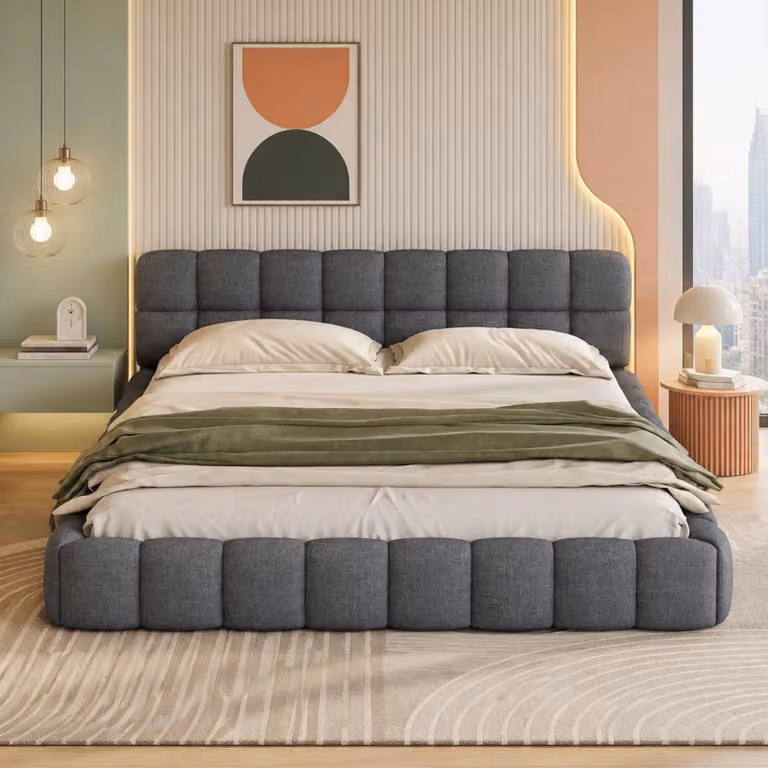 Letto imbottito matrimoniale INONEFT, 140x200 cm, modello "bubble", con testiera imbottita, struttura a telaio con rete a doghe, colore grigio lino