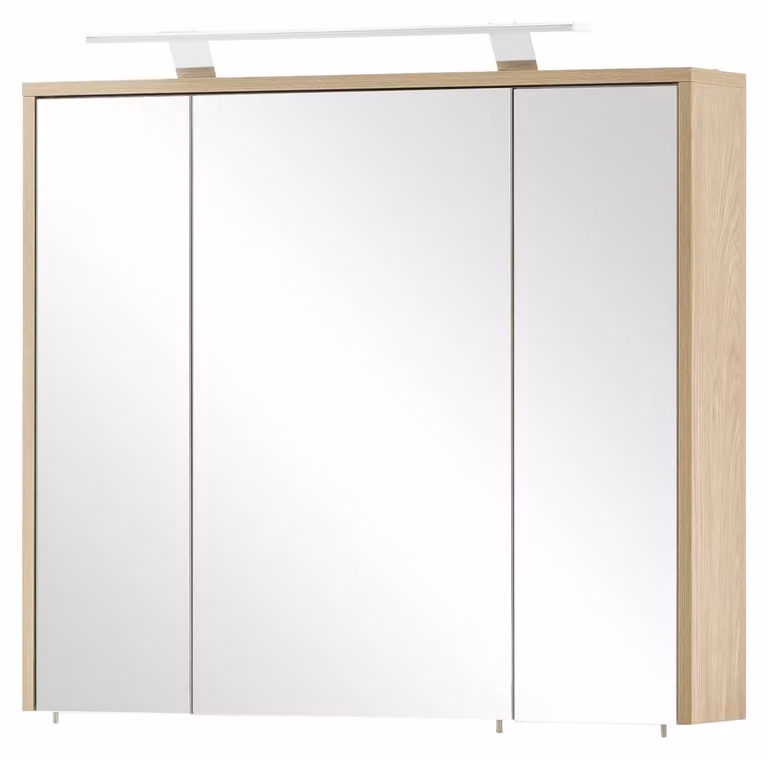 Specchio a 3 ante, con 6 ripiani in vetro, finitura effetto legno noce, illuminazione a LED