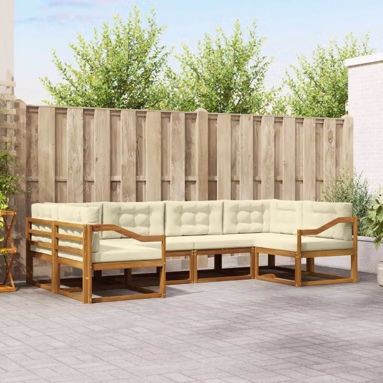vidaXL Set di divani da esterno a L in legno di acacia con cuscini, 6 pezzi, Beige e Bianco