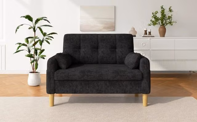 Divano a 2 posti modulare moderno in tessuto grigio con cuscini, ideale per piccoli spazi, L: 119 cm, P: 85 cm, H: 78 cm