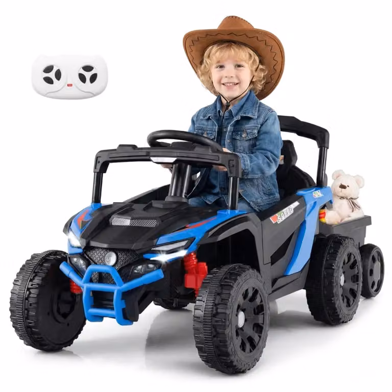 Trattore Elettrico per Bambini 12V con Rimorchio Rimovibile e Telecomando, Macchina UTV con Fari LED e Luci e Suoni, Colore Blu