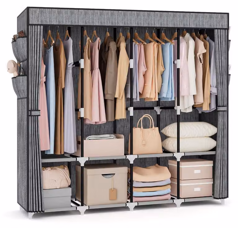 Armadio in tessuto, larghezza 170 cm, con 4 ripiani e 4 aste appendiabiti, autoportante, con copertura, motivo a righe