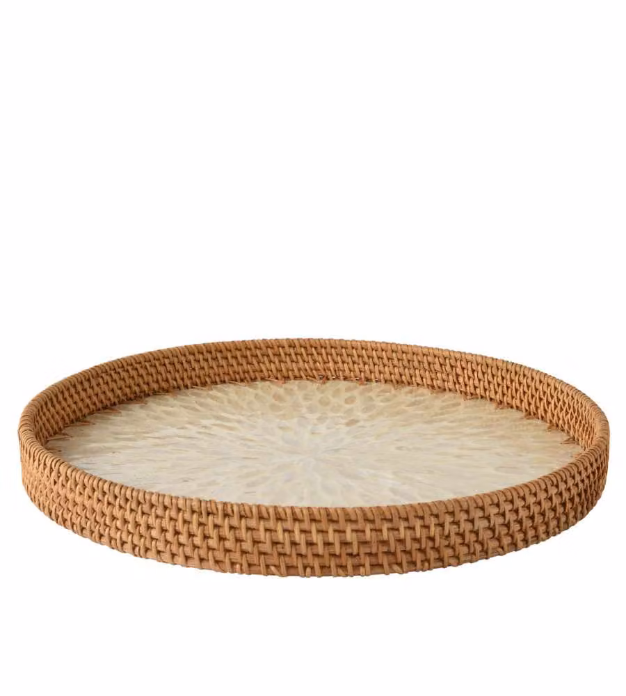Vassoio rotondo intrecciato naturale 38 cm con base bianca