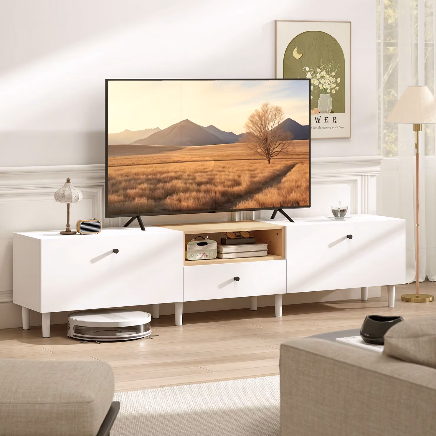 Mobile TV HOMCOM moderno in legno bianco con 2 sportelli ribaltabili, scomparto aperto e cassetto, L 200 cm x P 35 cm x H 45 cm – 2