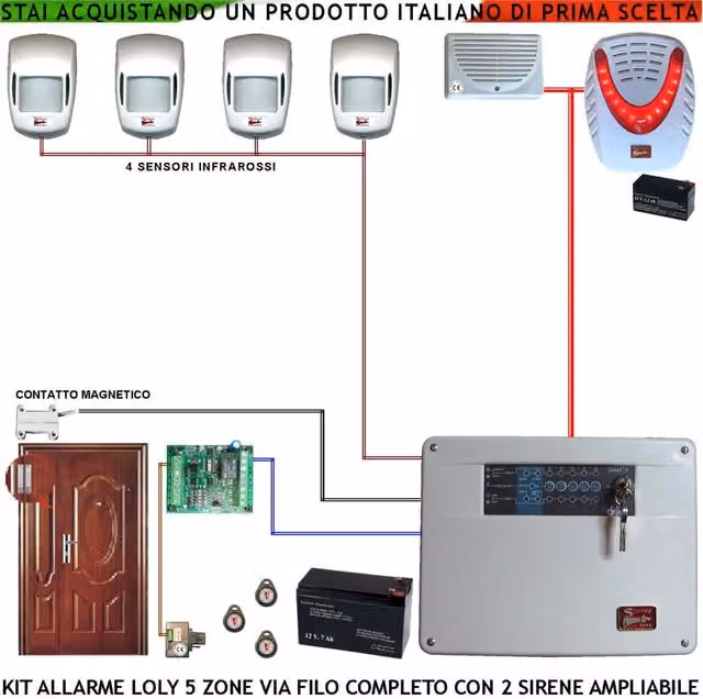 Kit Antifurto Securvera Loly con Centrale Via Filo Diana 5 Zone, 4 Sensori di Movimento Infrarossi, Contatti Magnetici per Porta, Sirena Interna ed Esterna Lampeggiante e 3 Chiavi Digitali Proxi, Colore Bianco