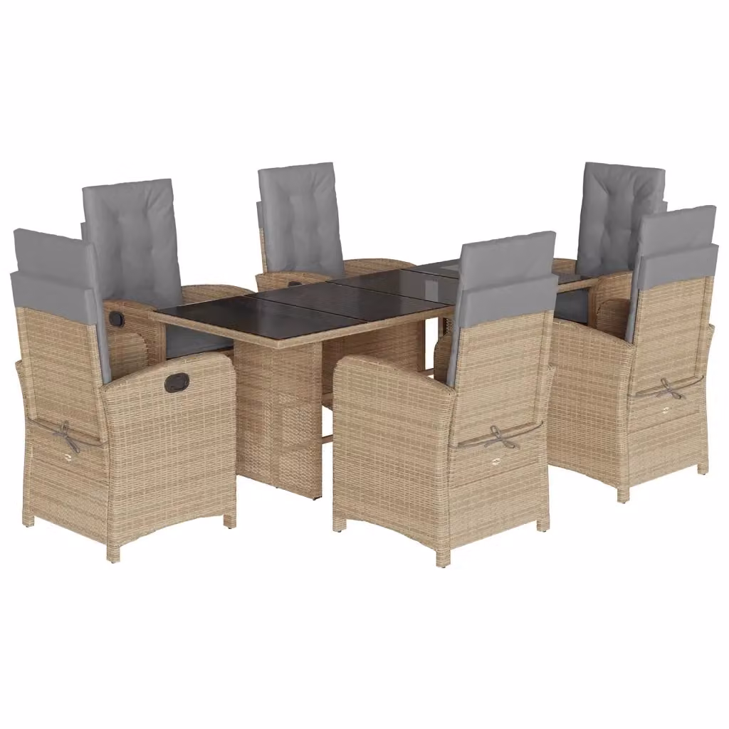 Set Pranzo da Giardino vidaXL in Polyrattan con Cuscini e Tavolo in Vetro, 7 Pezzi, Colore Beige Misto – 2