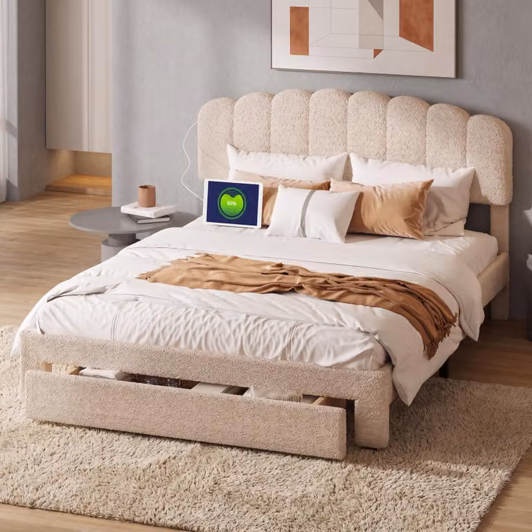 Letto imbottito INONEFT, 140x200 cm, con poggiatesta regolabile in altezza, letto per ragazzi/matrimoniale con prese USB e prese di corrente, letto contenitore, rivestito in tessuto tipo peluche, color beige