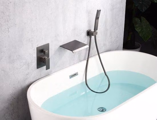 WEBO Deluxe Miscelatore da incasso per vasca con doccetta, metallo canna di fucile, design a cascata, comando a 2 pulsanti