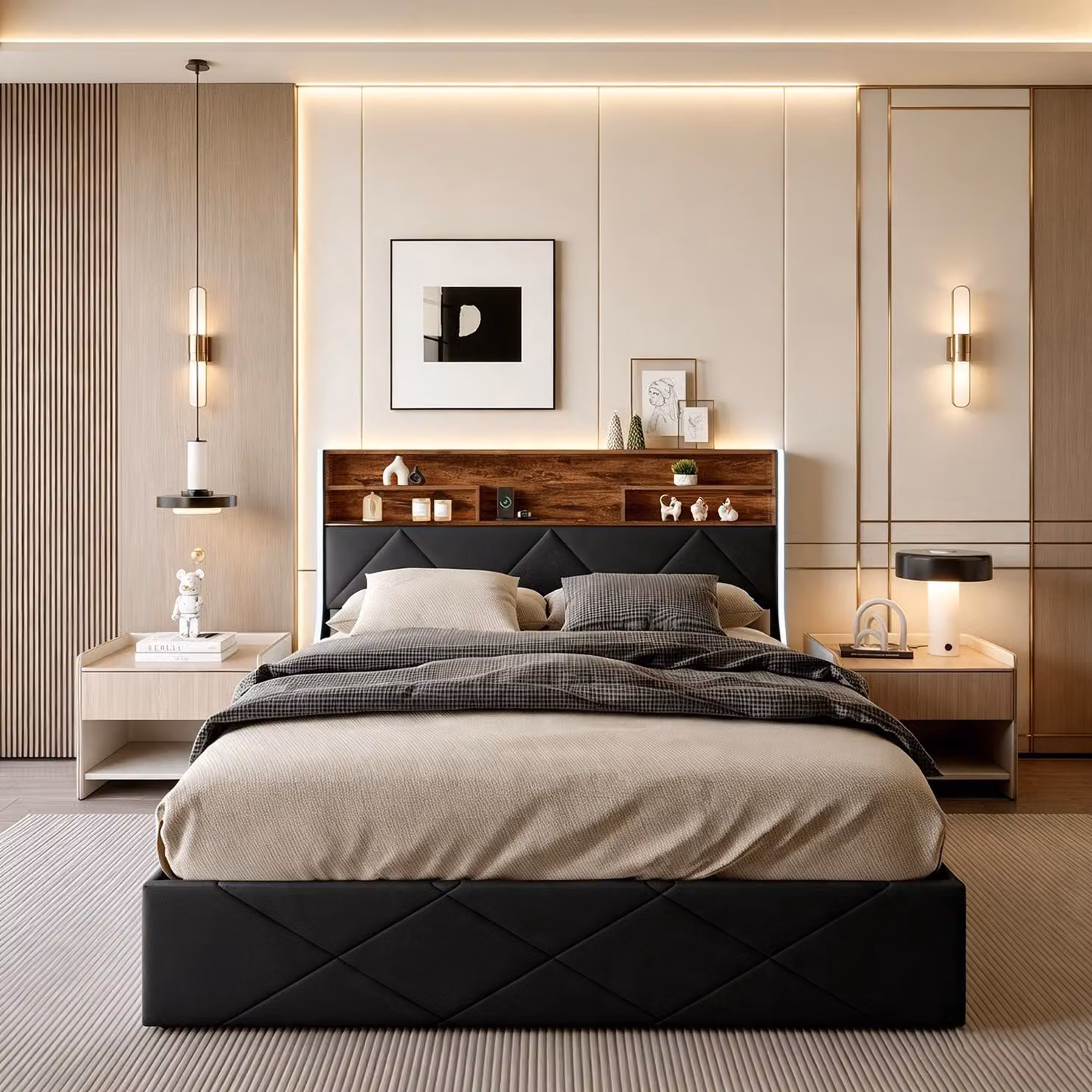 Letto matrimoniale con rete a molle INONEFT, 160x200 cm, con illuminazione LED e porte USB/Type-C, struttura imbottita, contenitore a letto, sistema di sollevamento idraulico, adatto anche per ragazzi, rivestito in PU, colore nero.