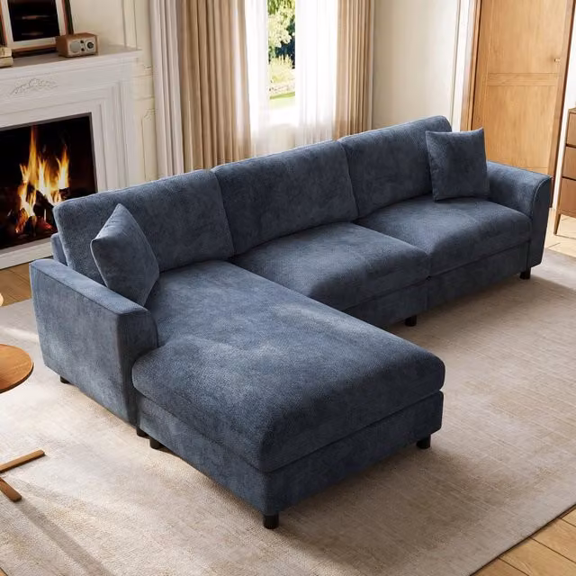 Divano angolare effetto nuvola 3 posti 256x137x79 cm; modulare convertibile; grande chaise longue; superficie letto 90 cm; ciniglia; blu navy