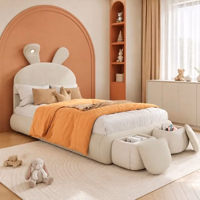 Letto imbottito ULEVR 90x200 cm in velluto beige con orecchie di coniglio, LED regolabile e 2 pouf contenitore