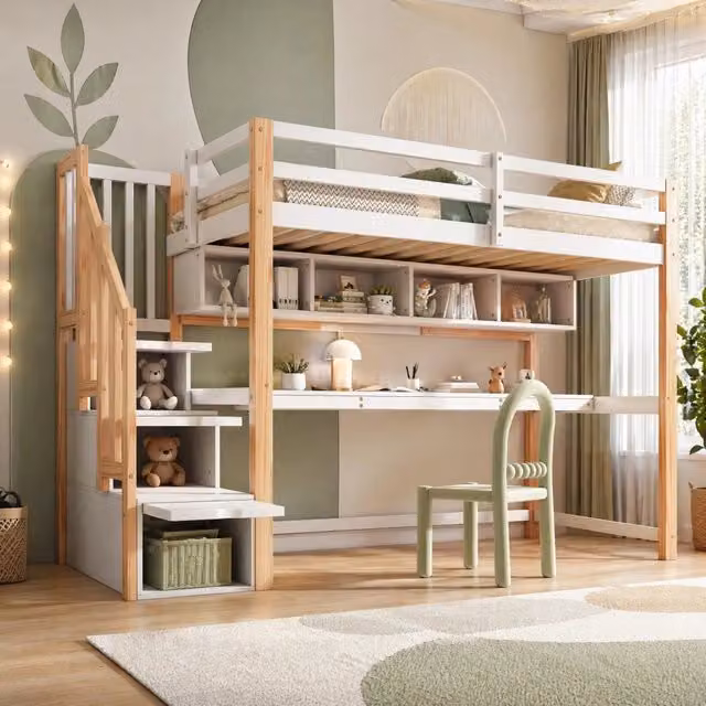 Letto a soppalco per bambini 90x200 cm con scrivania integrata e scala contenitore; bianco e rovere