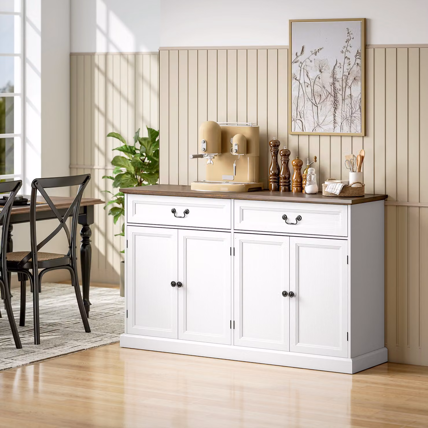 Buffet da cucina e mobile da salotto HOMCOM con 4 ante, 2 cassetti soft-close e ripiani regolabili, Bianco e marrone, L: 140 cm, P: 40 cm, H: 85 cm – 2