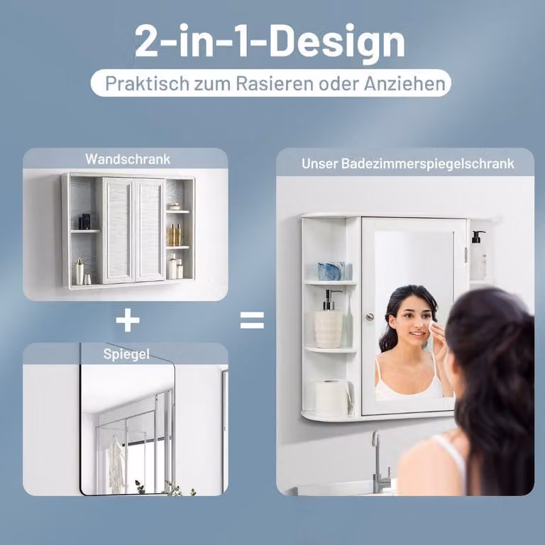 Mobile da bagno con specchio, 4 scomparti e 6 ripiani aperti, mobile da bagno, mobile a specchio, pensile, bianco, 65 x 17 x 63 cm