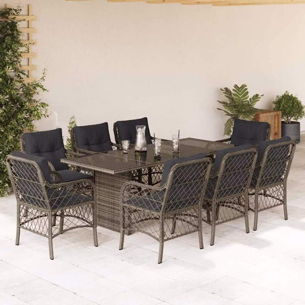 Set da Pranzo da Giardino vidaXL 9 pz in Polyrattan Grigio con Piano in Vetro – 1