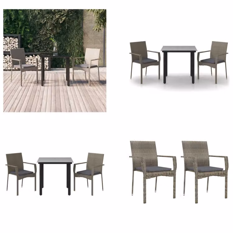 vidaXL Set da pranzo da giardino 3 pezzi con cuscini in poly rattan nero e grigio - Set da pranzo da giardino - Set da pranzo da giardino - Set da pranzo da terrazza