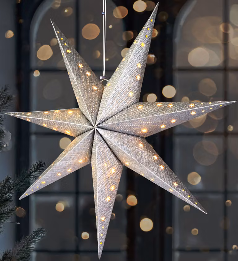 BRUBAKER Stella di Natale appesa a LED - stella di carta da 60 cm - stella dell'avvento 3D - a batteria, argento