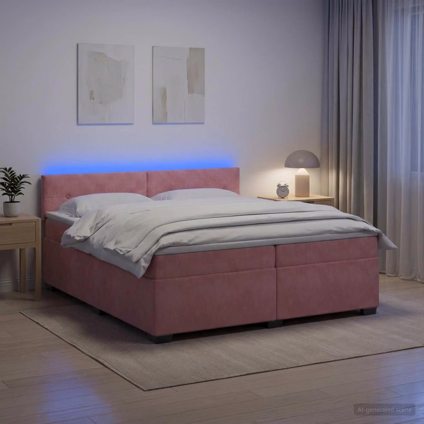 Letto matrimoniale con boxspring, materasso e illuminazione LED rosa, dimensioni 200 x 200 cm, rivestito in velluto