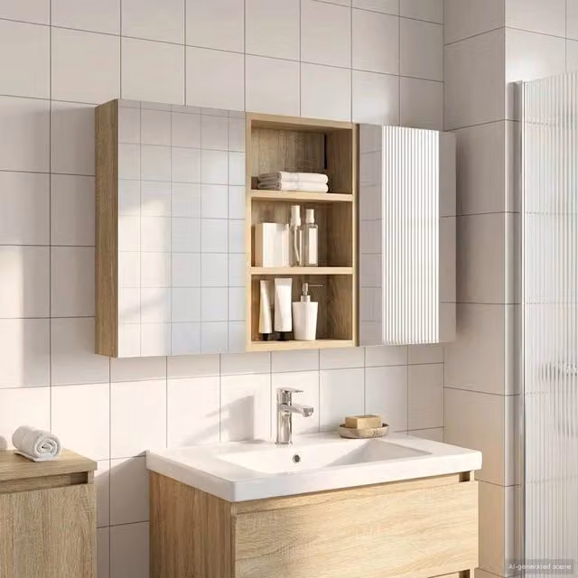 Set di 3 armadi da bagno moderni vidaXL con specchio e illuminazione LED, colore beige, L: 90 cm, P: 10,5 cm, H: 50 cm – 1