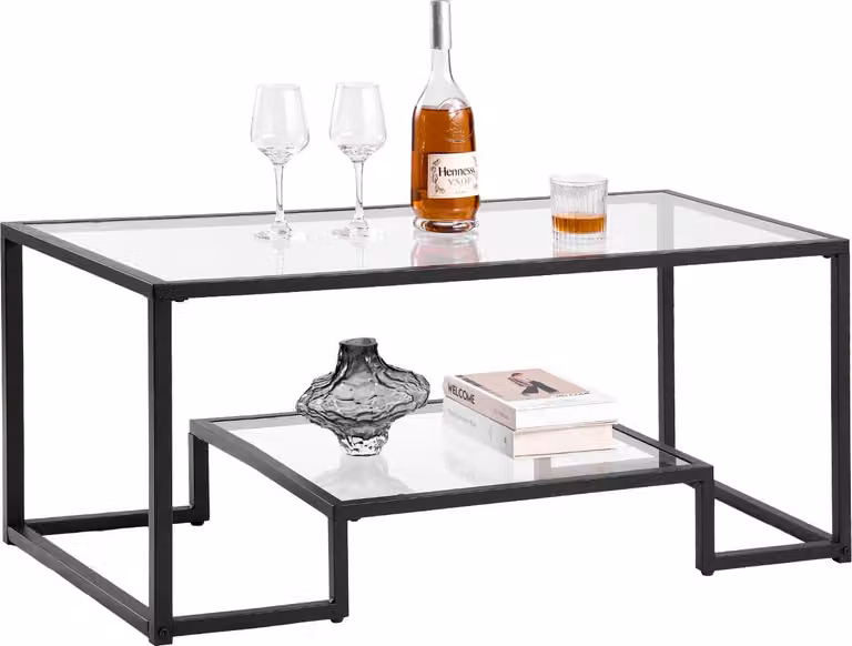 VEVOR tavolino in vetro temperato, tavolo rettangolare in vetro con due livelli e spazio di archiviazione aperto, tavolino moderno con struttura in metallo per il soggiorno e l'ufficio 100 x 51 x 46 cm nero