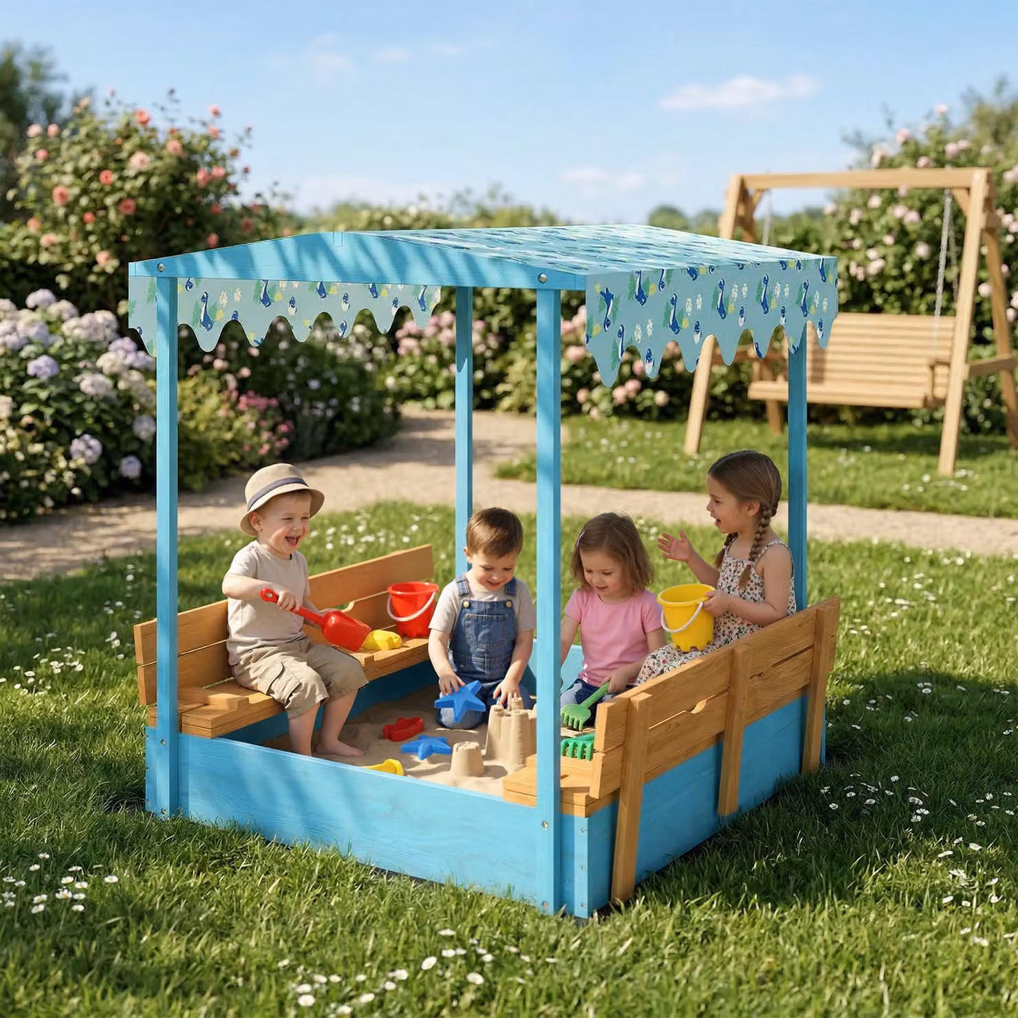 Sabbiera per bambini AIYAPLAY in legno di abete con tettuccio a dinosauri e sedute pieghevoli, Blu, L: 134.5 cm, P: 127.5 cm, H: 130 cm – 2