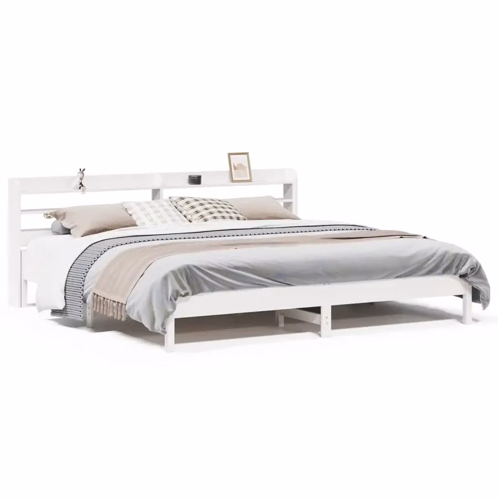 Letto matrimoniale bianco vidaXL in legno massello di pino con ripiani laterali L/P/H: 190 x 180 x 218 cm – 2