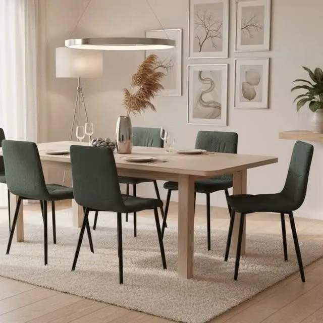 Set di 4 sedie da pranzo imbottite in tessuto verde Daisy con struttura in metallo facili da pulire | Duzzle