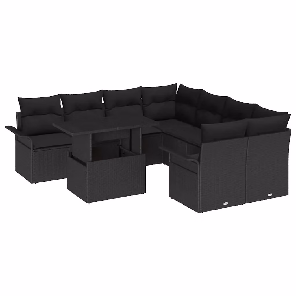 Set Divano da Giardino a L con Tavolino vidaXL, 9 Pezzi, Nero, Polyrattan e Acciaio con Cuscini – 2