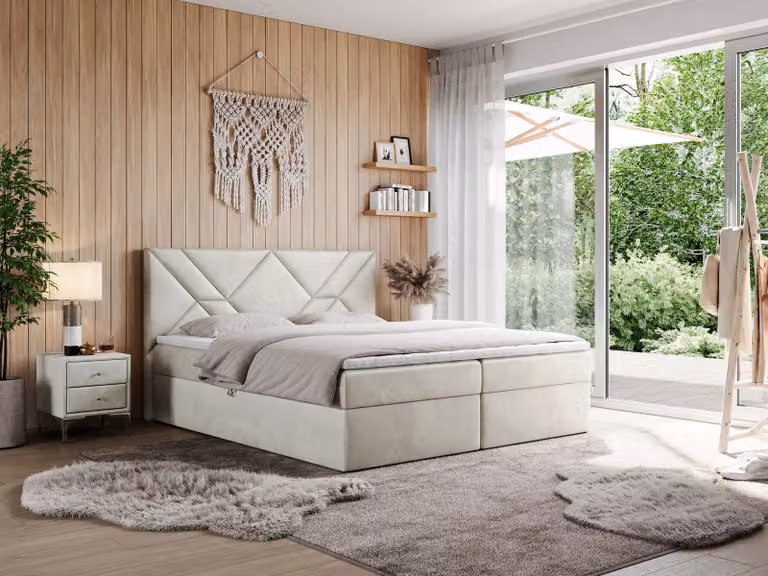 Letto a molle insacchettate MKS MEBLE 120x200 con materasso H4 e contenitore, letto matrimoniale con spazio contenitore e topper, letto imbottito 120x200 con testiera - NEOMI - Velluto beige - H4