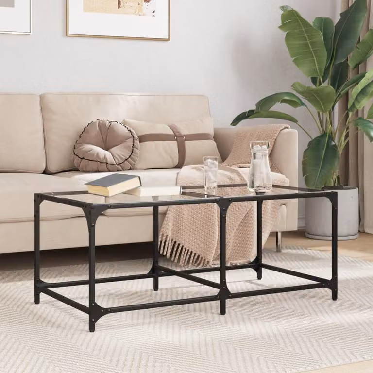 Set di 2 tavolini vidaXL moderni con piano in vetro trasparente e struttura in metallo nero, L/P/H: 98,5 x 50 x 40 cm