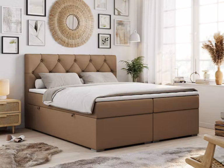 Boxspring con testiera trapuntata ALDA - 120x200 cm - Materasso multipocket H3 | Ecopelle marrone - Topper T25