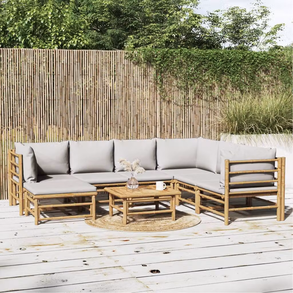 Set Salotto da Giardino vidaXL in Bambu con Cuscini Grigio Chiaro e Marrone per 8 Persone