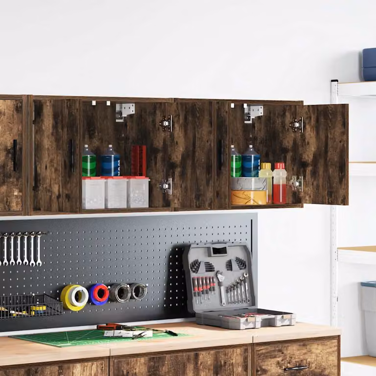 Set di 2 pensili da garage vidaXL in legno multistrato e MDF, colore rovere fumo, con ante a battente e montaggio a parete