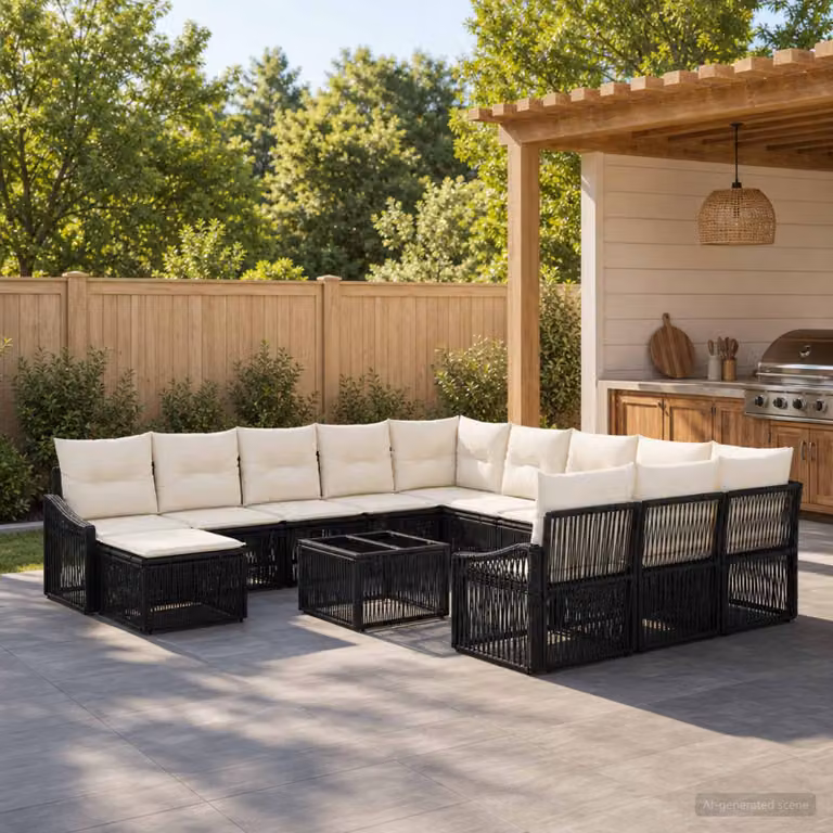 Set Divano da Giardino vidaXL 13 pz a forma di U in Polyrattan Nero e Beige con Cuscini e Tavolino