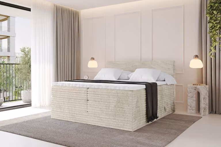 Letto boxspring ALTDECOR - TOLO-v1 KING 140x200 in velluto a coste - Crema - Set completo con materassi H3 e H4 e topper, letto imbottito con cassetti, rete a doghe, letto con contenitore, letto matrimoniale, letto boxspring