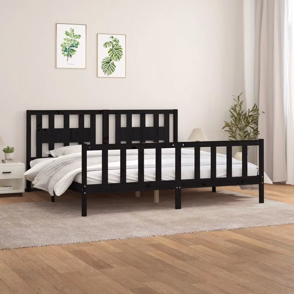 The Living Store Letto in legno massiccio con testiera in pino nero 200x200 cm