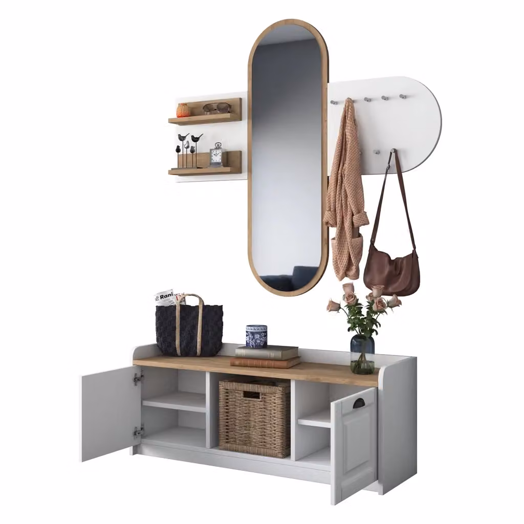 DMORA Crespino Mobile da Ingresso Moderno con Specchio e Ganci, L/P/H: 120 x 40 x 45 cm, Bianco e Rovere – 2