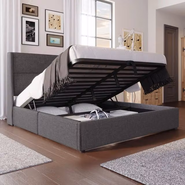 Letto matrimoniale contenitore con testiera regolabile rivestito in lino grigio con rete a doghe metallica