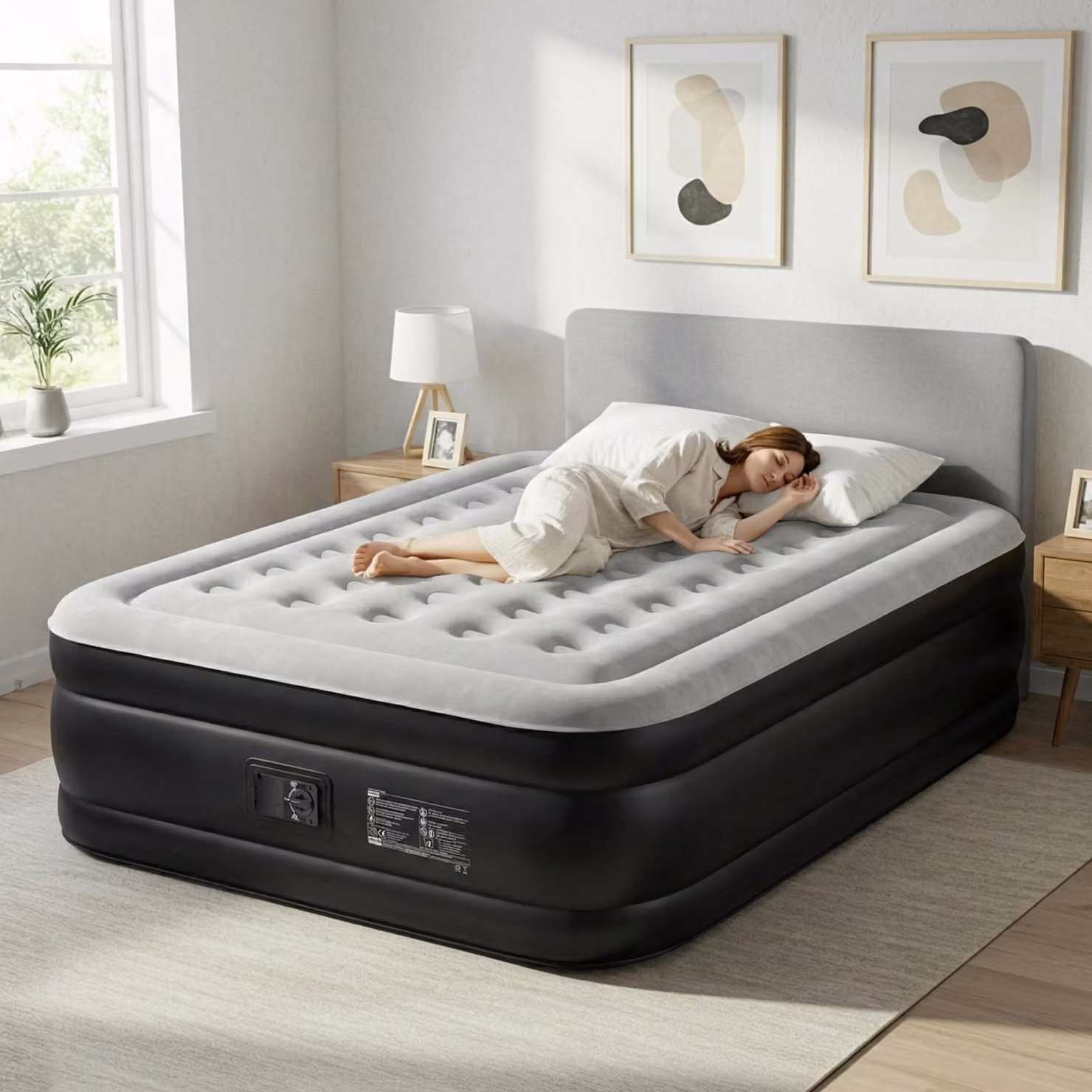 Materasso gonfiabile LEADZM con pompa integrata, 203 x 153 x 45 cm. Materasso gonfiabile con superficie morbida e traspirante, materasso gonfiabile, colore grigio