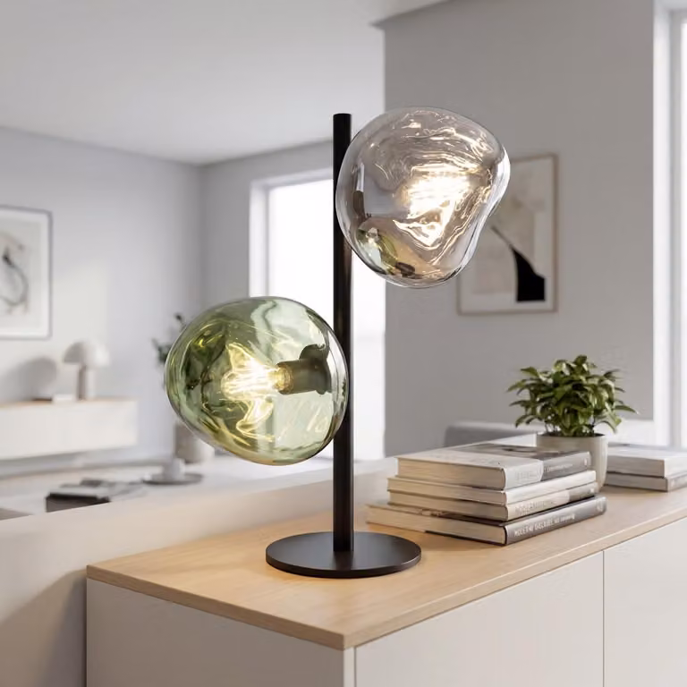 Lampada da tavolo in vetro, verde/bianco/nero, con 2 sfere, altezza 40 cm, 2 attacchi E14