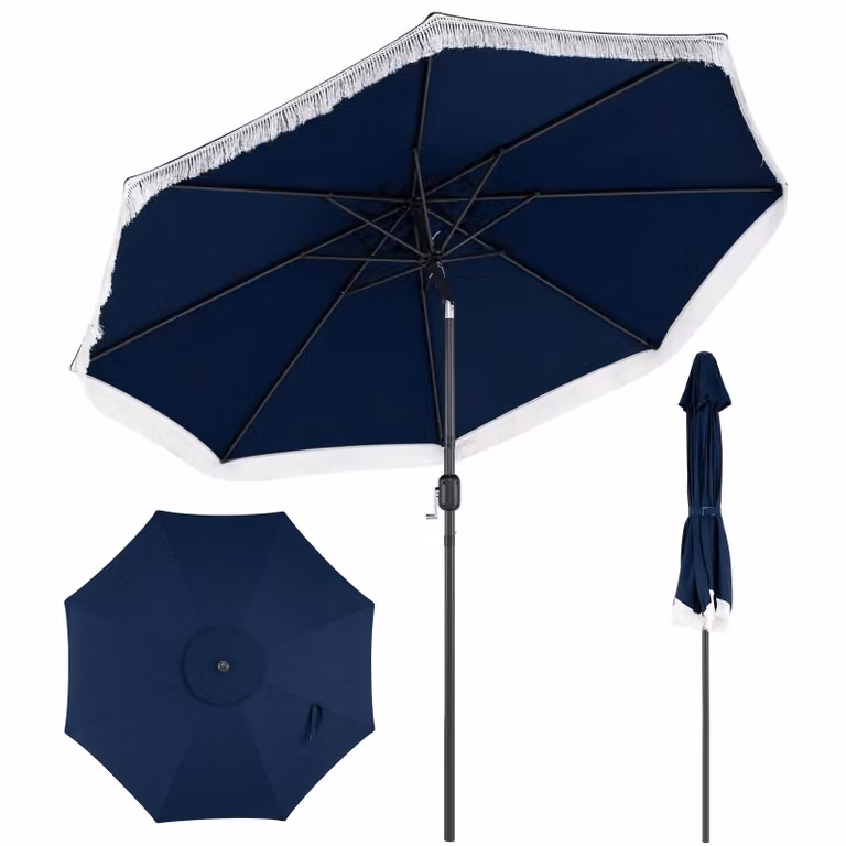 Ombrellone COSTWAY Boho, ombrellone da giardino Ø 270 cm, protezione solare, ombrellone da mercato inclinabile di 30° su entrambi i lati, ombrellone da balcone con frange e manovella, ombrellone da terrazza