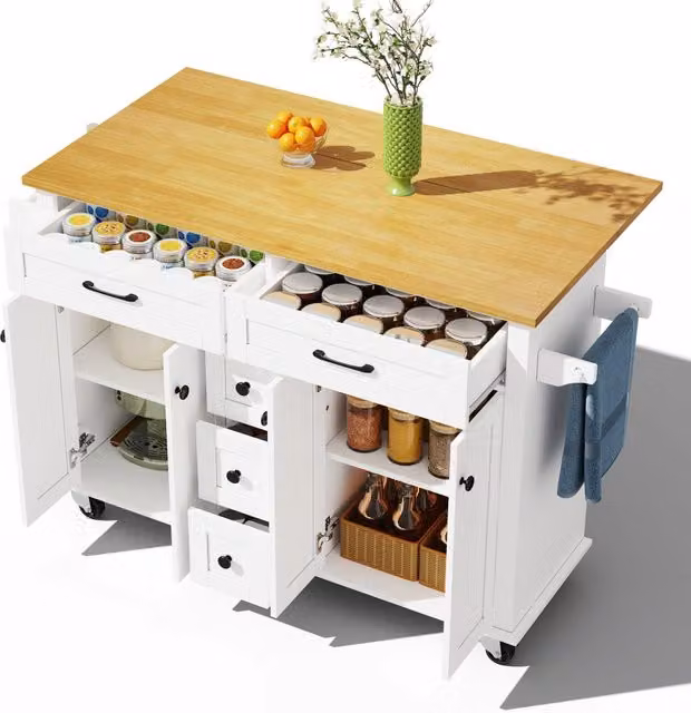 Isola cucina con piano di lavoro pieghevole 140 x 65 x 89 cm in MDF con 5 cassetti e ruote